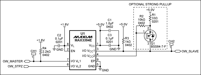 圖1. 1-Wire雙向電平(1.8V至5V)轉(zhuǎn)換器電路原理圖，注意，引腳I/O VL和I/O VCC具有10kΩ內(nèi)部上拉。